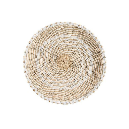 Round woven basket with a spiral pattern.