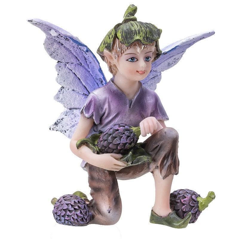 Fairy figurine with purple wings holding purple pinecones.