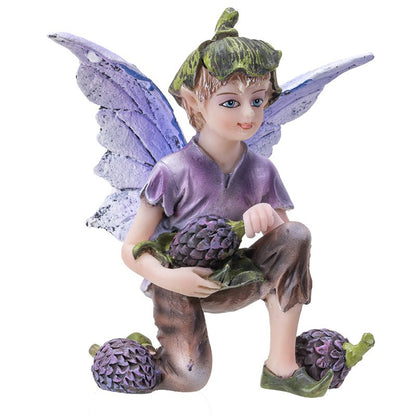 Fairy figurine with purple wings holding purple pinecones.