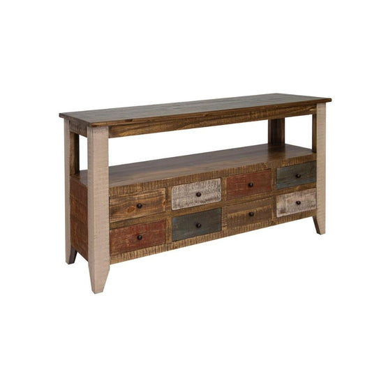 Rustic console table with colorful drawers and open shelf.