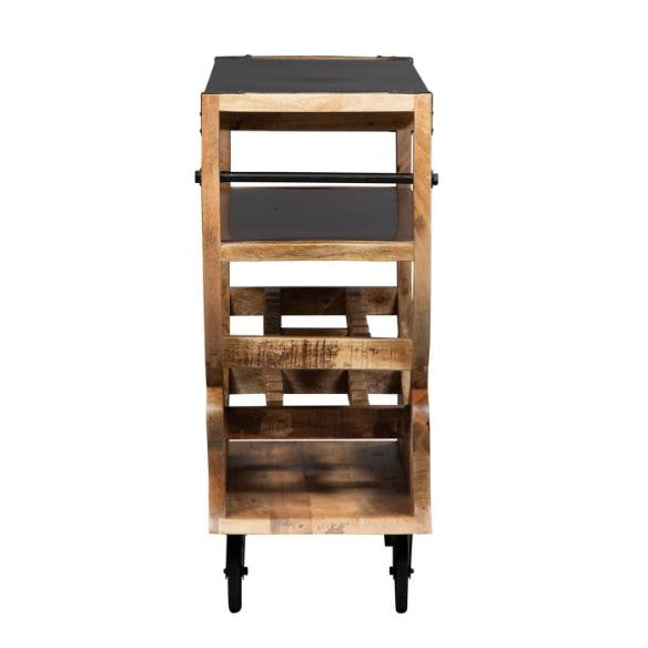 Wooden wine rack with a black top and wheels.