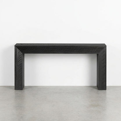 Black wooden bench against a white background.