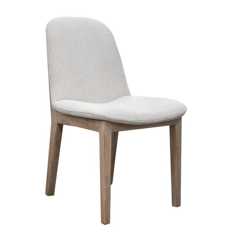 Wooden chair with a light gray cushioned seat and backrest.