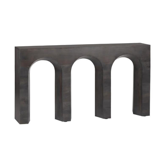 Dark console table with three arches, minimalist design.