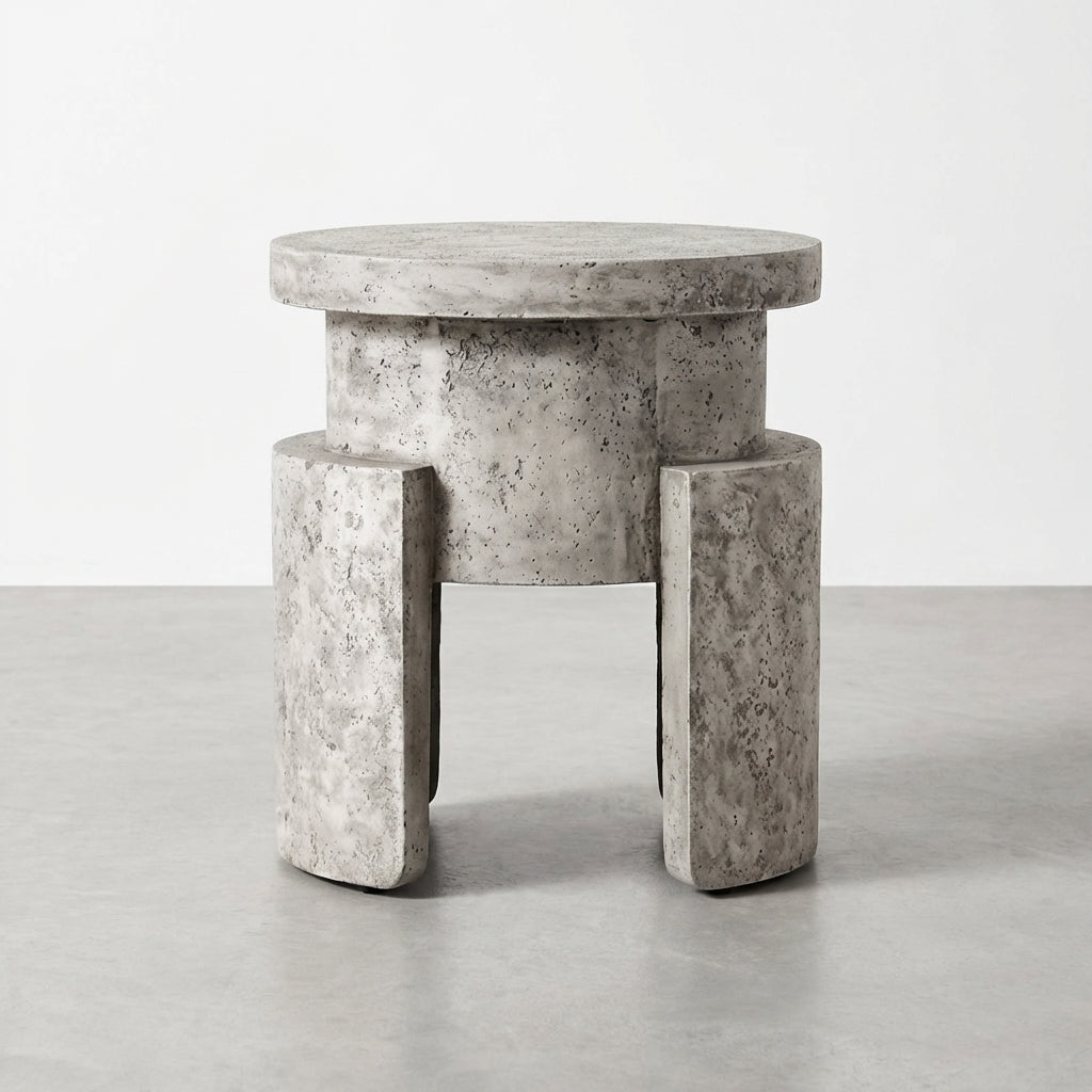 A round, gray, textured concrete side table.