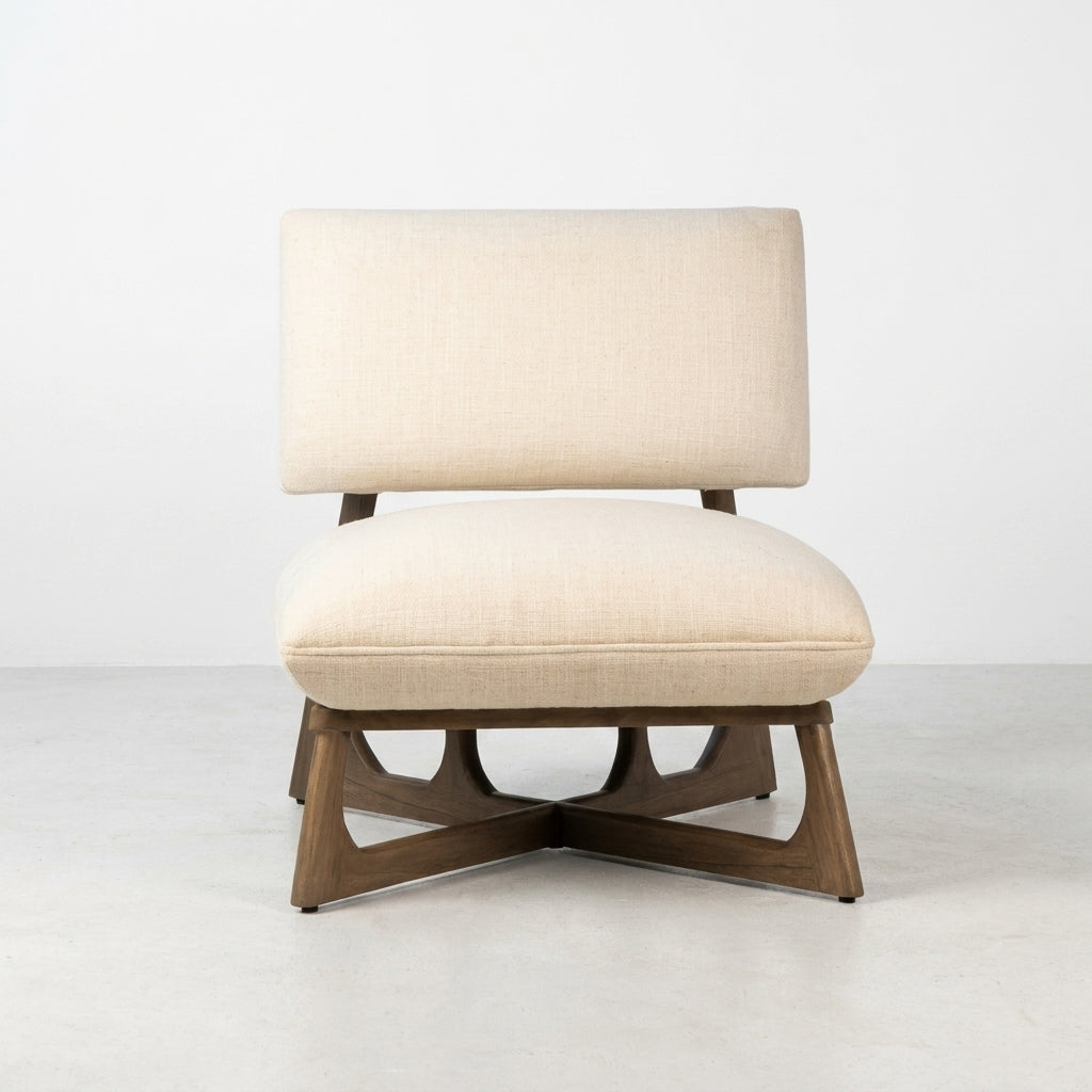 Modern cream chair with wooden legs.
