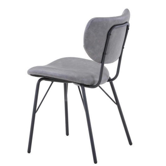 Gray padded chair with metal frame, viewed from the side.