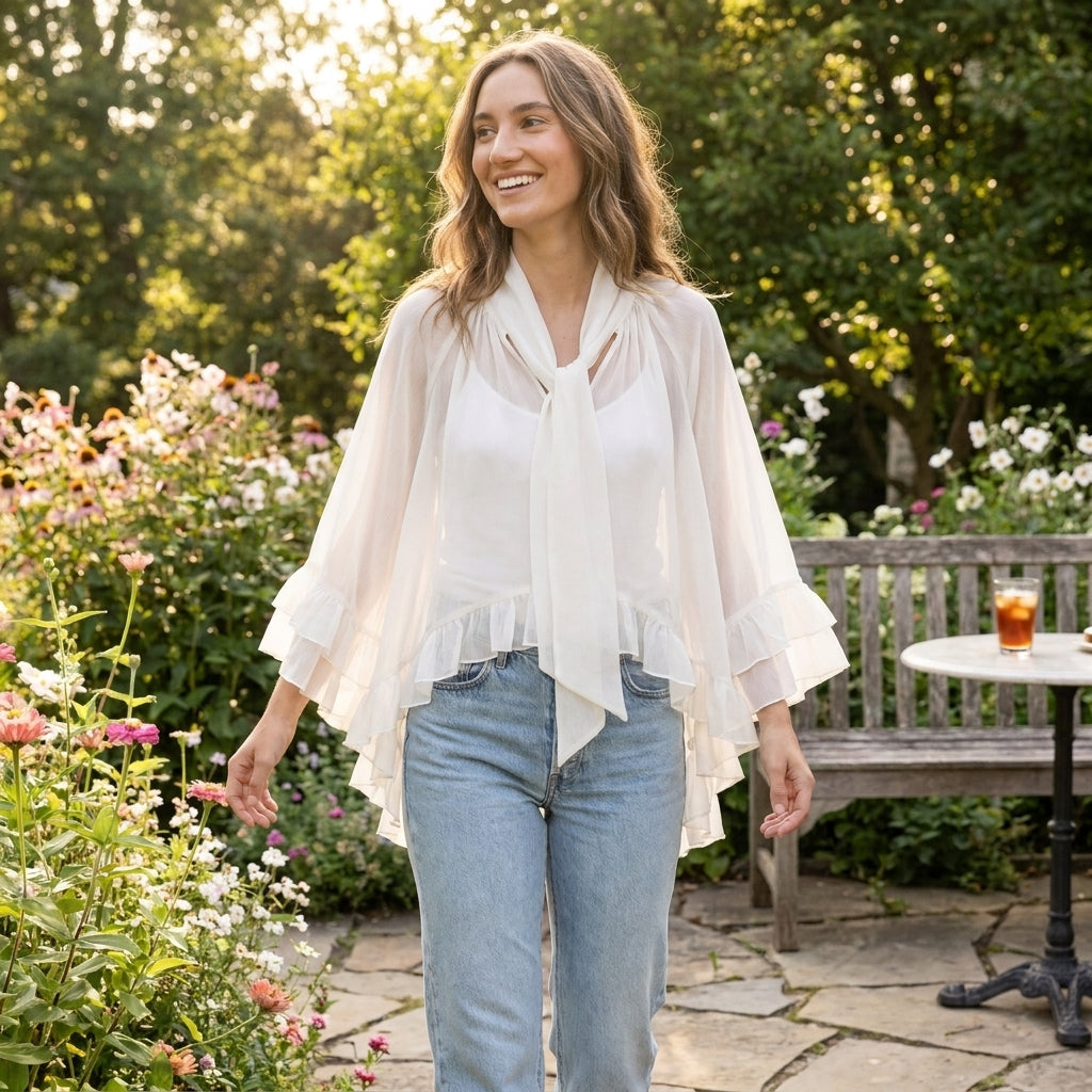 Woman smiling in a garden, wearing a white top and jeans.