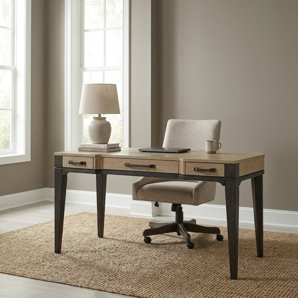 Wooden desk with three drawers and tapered legs.