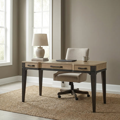 Wooden desk with three drawers and tapered legs.