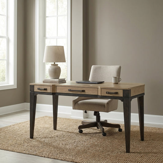 Wooden desk with three drawers and tapered legs.