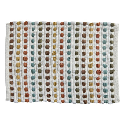 Woven mat with colorful textured stripes on a white background.