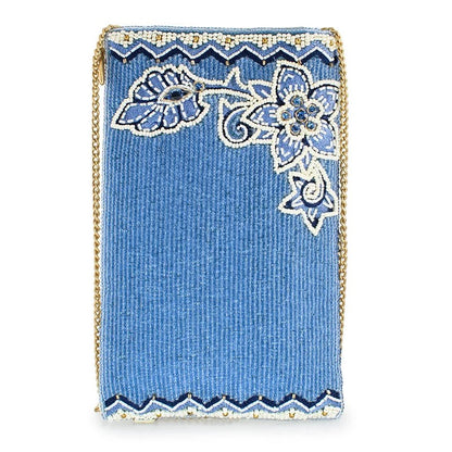 Blue beaded clutch with floral design and gold chain strap.