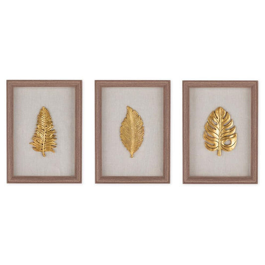 Three framed golden leaves on beige backgrounds.
