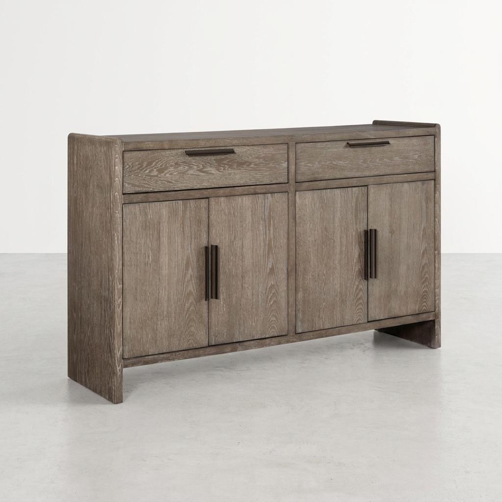 Wooden sideboard with cabinets and drawers on a light background.