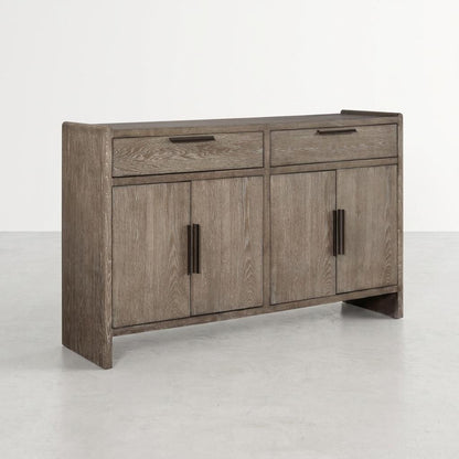 Wooden sideboard with cabinets and drawers on a light background.