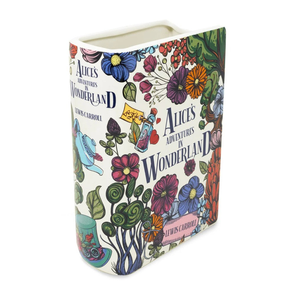 Book-shaped vase with "Alice's Adventures in Wonderland" design.