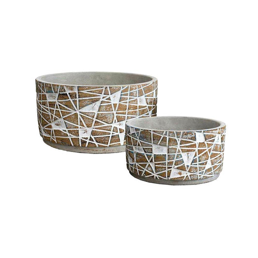 Two decorative pots with geometric patterns.