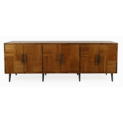 Mid-century modern wooden sideboard with black handles.