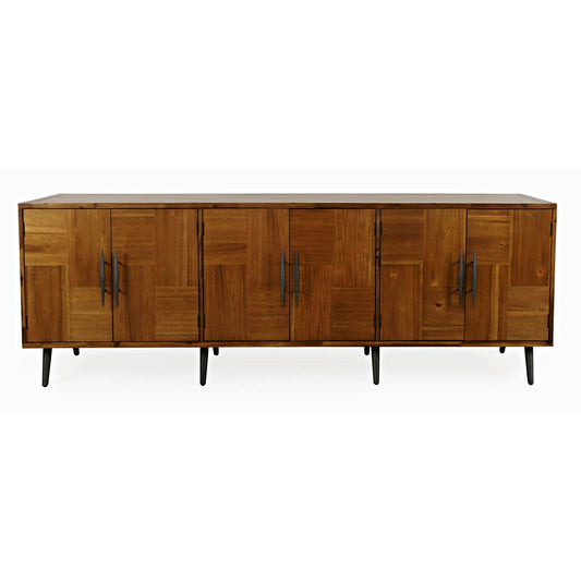Mid-century modern wooden sideboard with black handles.