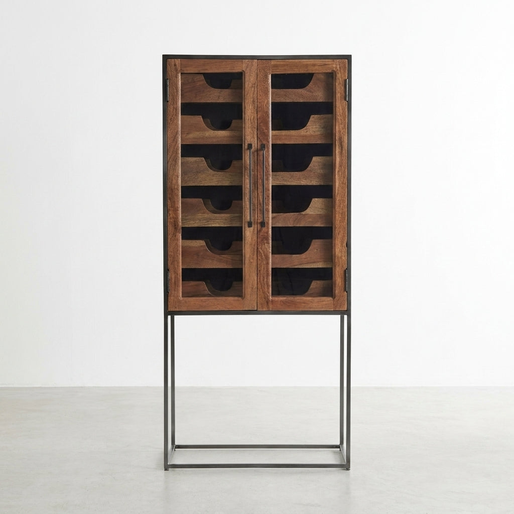 Tall wine cabinet with wood doors on a metal frame.