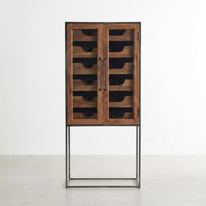 Tall wine cabinet with wood doors on a metal frame.