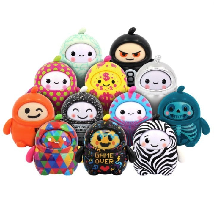 Colorful cartoon figures with diverse, themed designs displayed together.