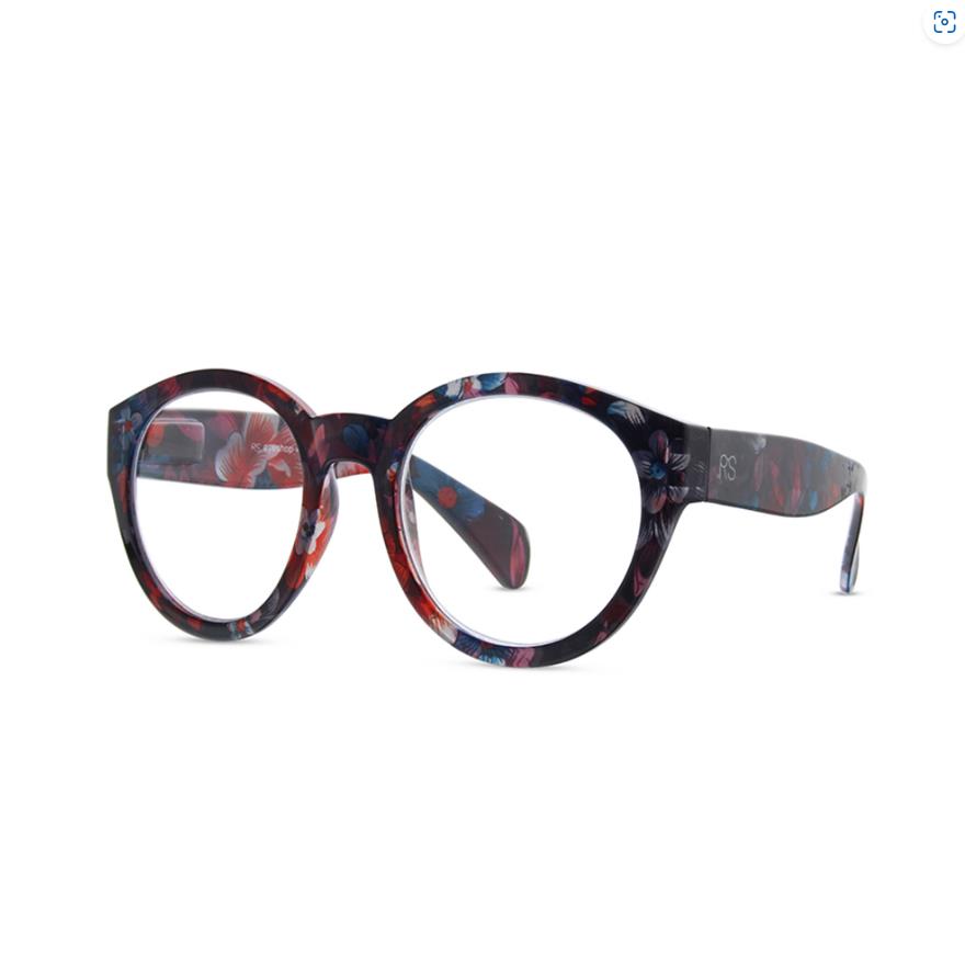 Round glasses with floral-patterned frames.