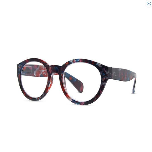 Round glasses with floral-patterned frames.