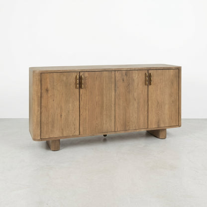 Wooden sideboard with open doors and shelves.
