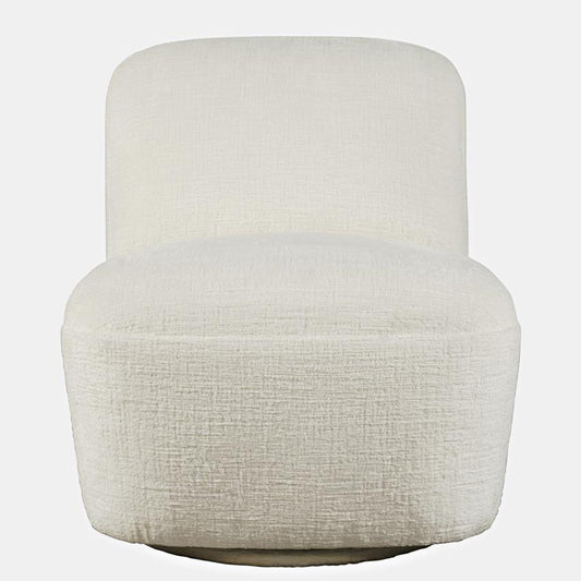 Modern white upholstered chair with a rounded back and seat.