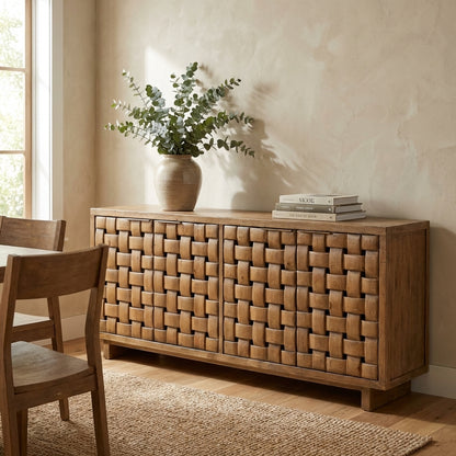 Wooden sideboard with a woven front pattern.