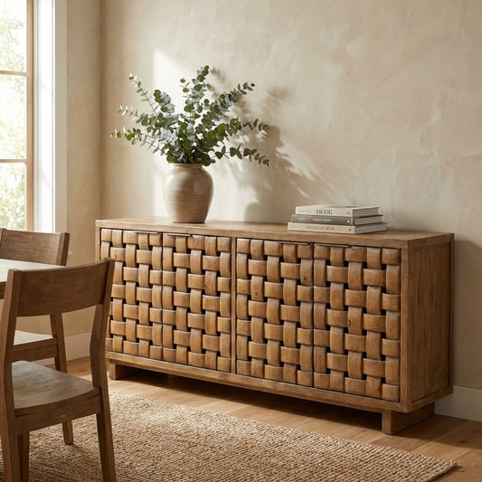 Wooden sideboard with a woven front pattern.