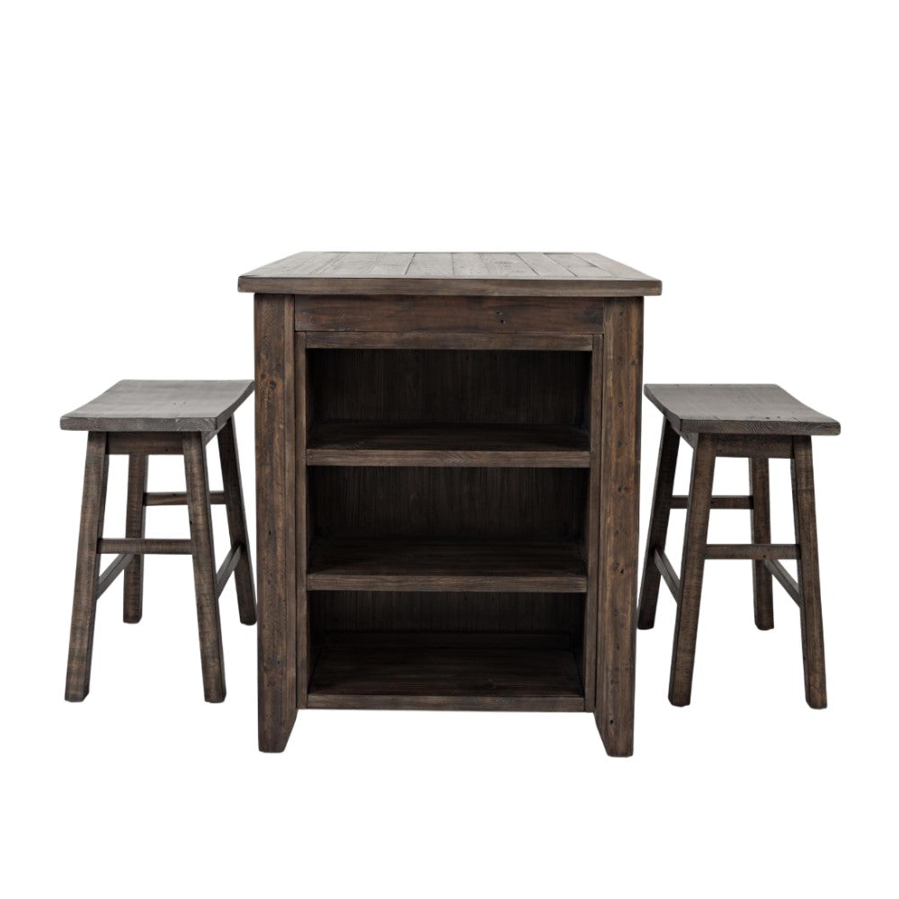 Wooden bar set with two stools, featuring shelves.