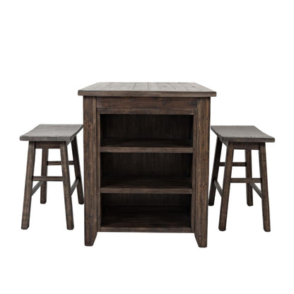 Wooden bar set with two stools, featuring shelves.
