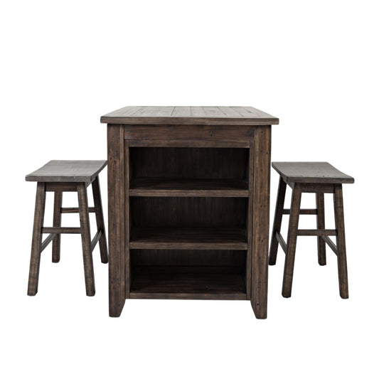 Wooden bar set with two stools, featuring shelves.