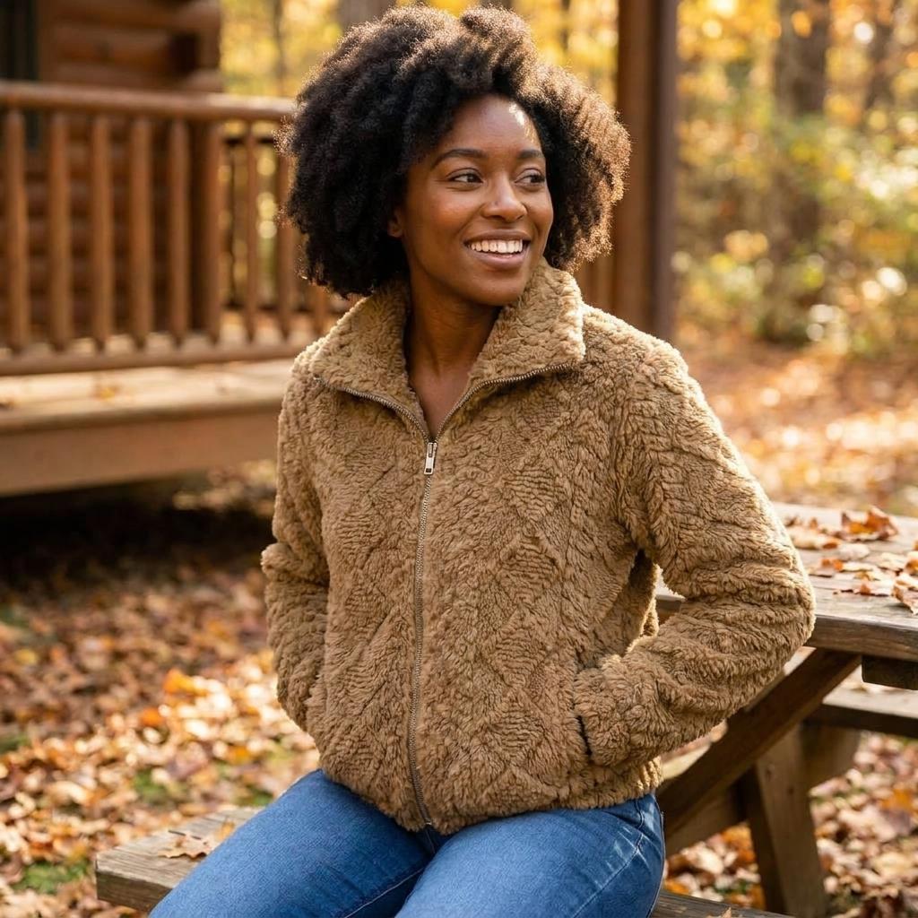A smiling woman in a cozy fleece jacket sits outdoors among autumn leaves.