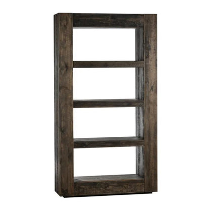 Wooden bookcase with four open shelves, rustic and sturdy design.