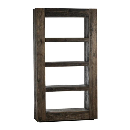 Wooden bookcase with four open shelves, rustic and sturdy design.