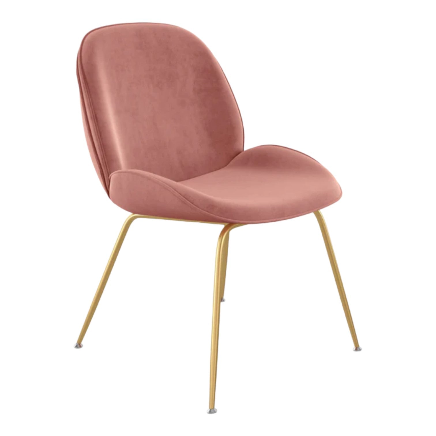 Pink chair with gold legs, modern and sleek design.