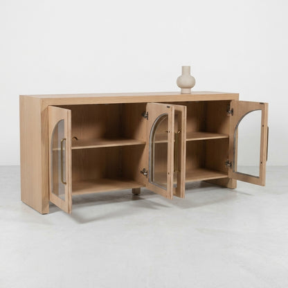 Wooden cabinet with glass doors open, showing shelves inside.
