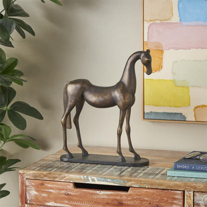 Bronze horse statue on an oval base, sleek and elegant.