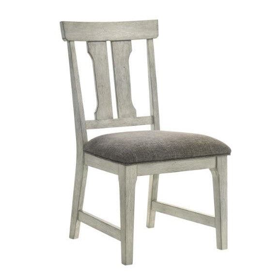 Wooden chair with gray cushioned seat.