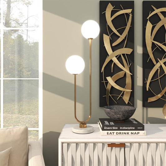 Modern lamp and abstract art in a stylish living room corner.