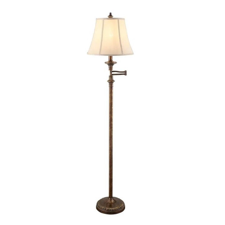 Ornate floor lamp with white shade and bronze finish.