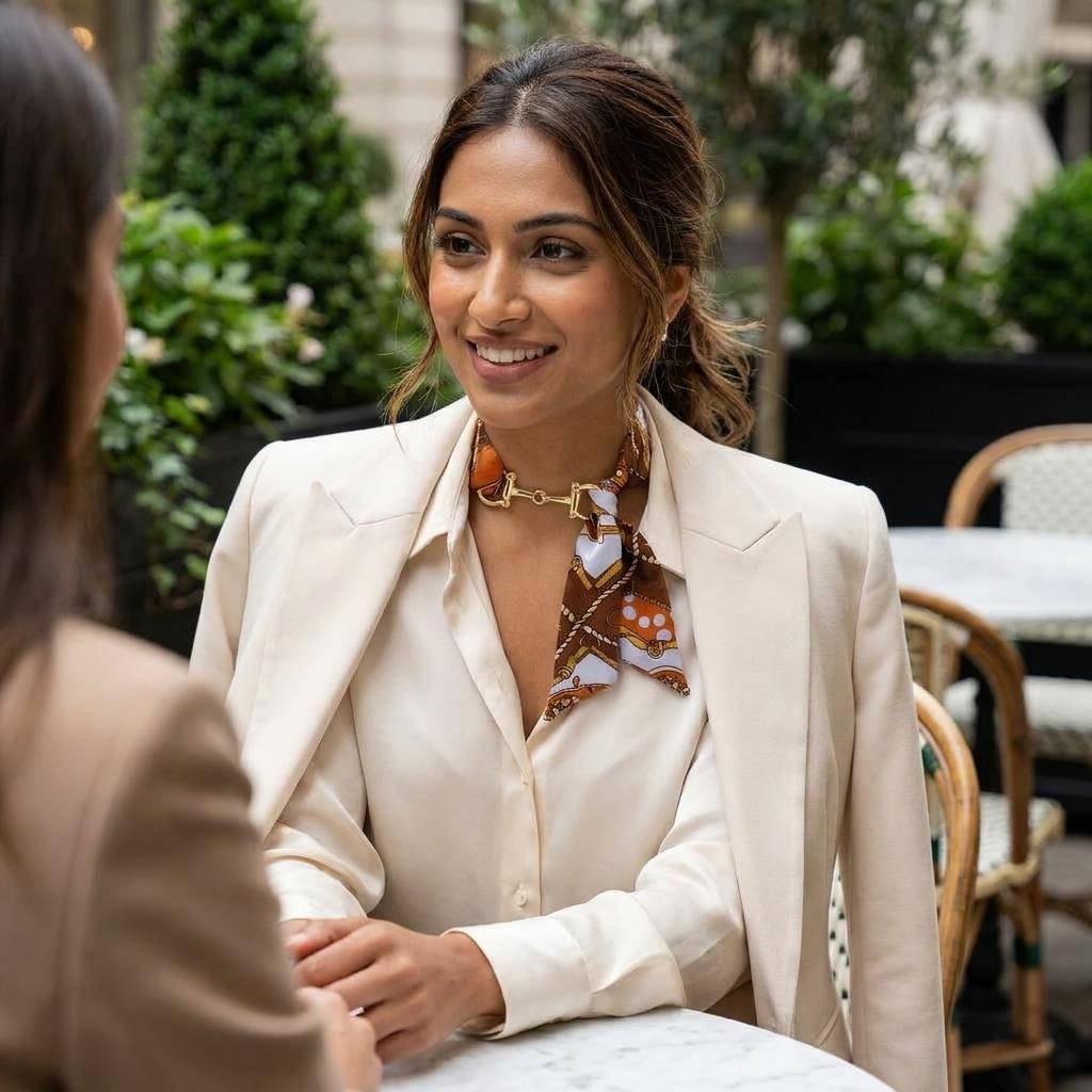 A smiling woman in a white suit chats with someone at an outdoor café.
