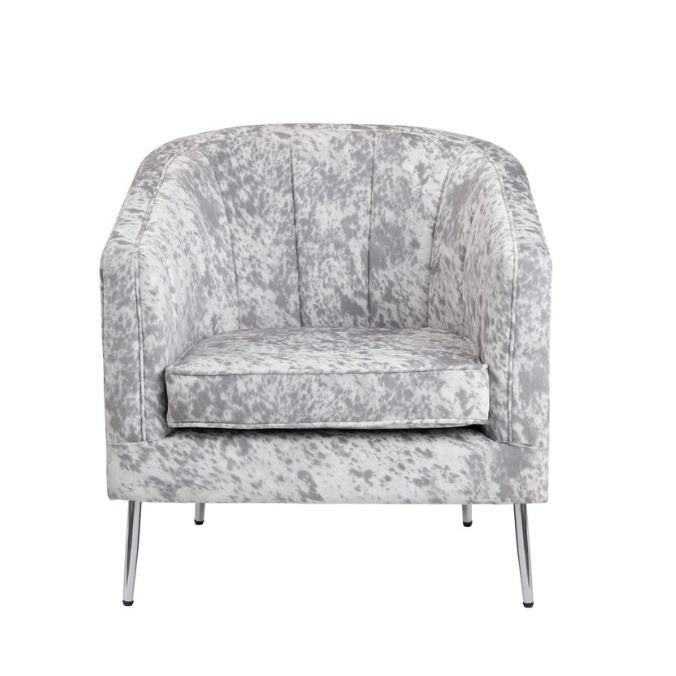 Gray-patterned accent chair with metal legs.