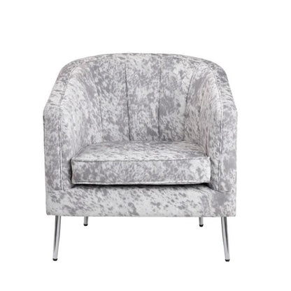 Gray-patterned accent chair with metal legs.