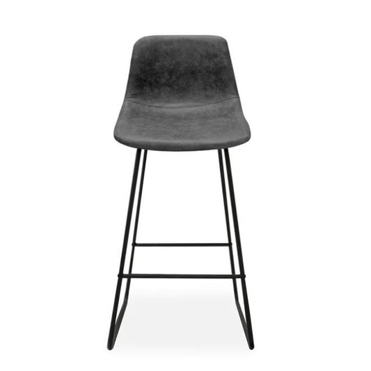 Sleek gray bar stool with a minimalist metal frame.