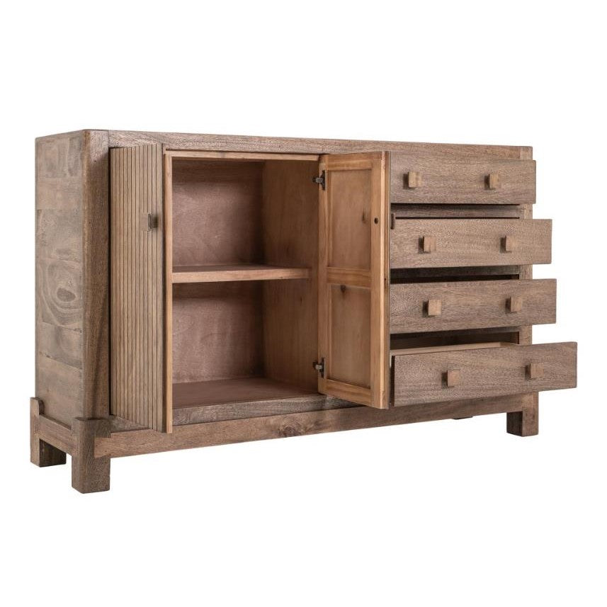 Wooden sideboard with open shelves and drawers.